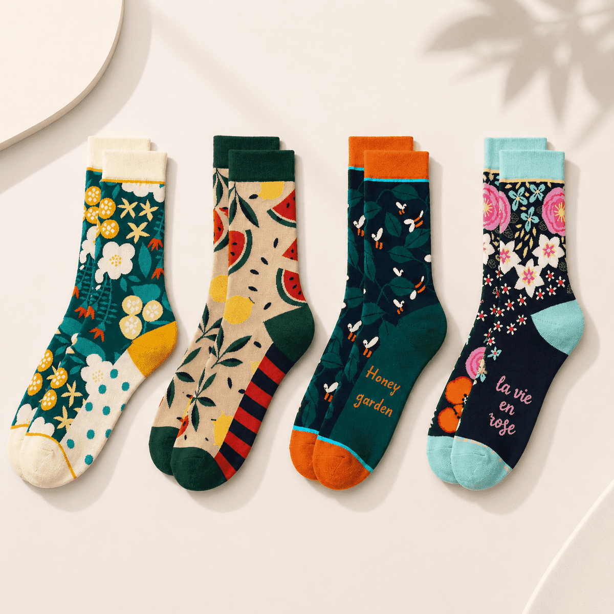 Chaussettes fantaisie femme fruits et fleurs, pack 4 paires – L'Éclatante Lou Renard