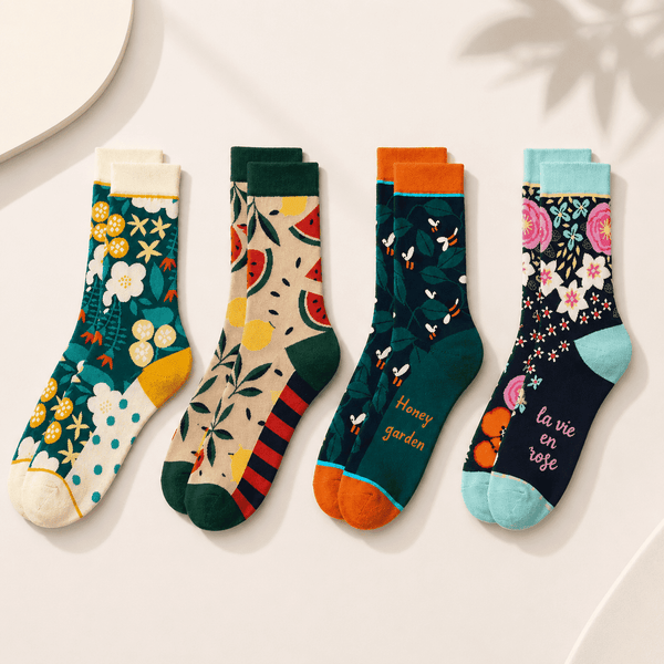 Chaussettes fantaisie femme fruits et fleurs, pack 4 paires – L'Éclatante Lou Renard