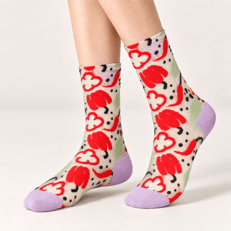 Chaussettes transparentes femme fleurs et fruits, Rouge – La Fraîche Lou Renard