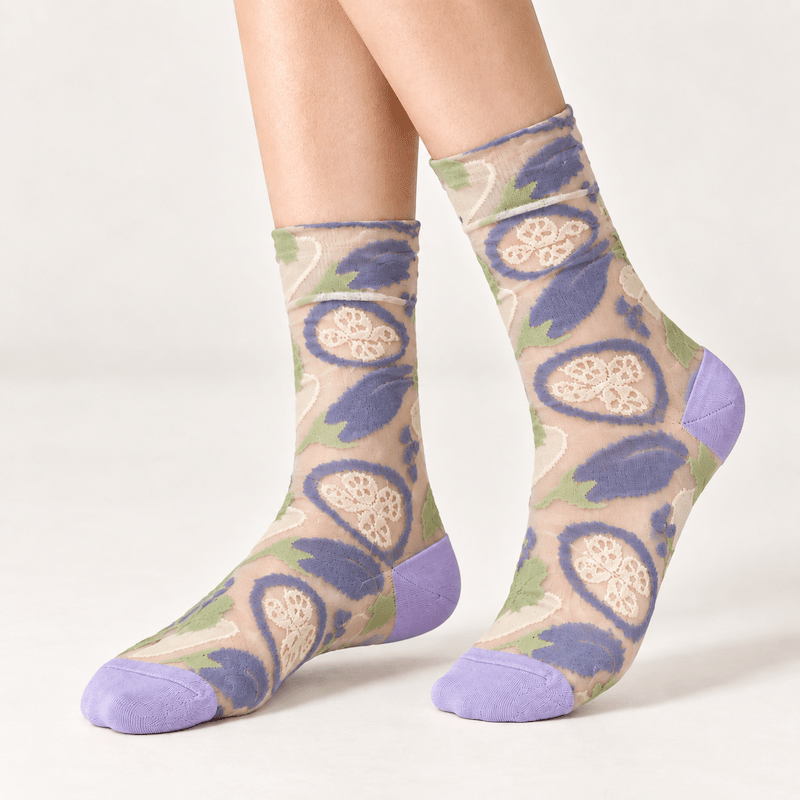 Chaussettes transparentes femme fleurs et fruits, Violet – La Fraîche Lou Renard