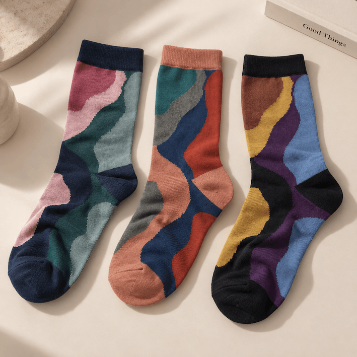 Chaussettes colorées femme motifs vagues, pack 3 paires – L'Imaginaire Lou Renard