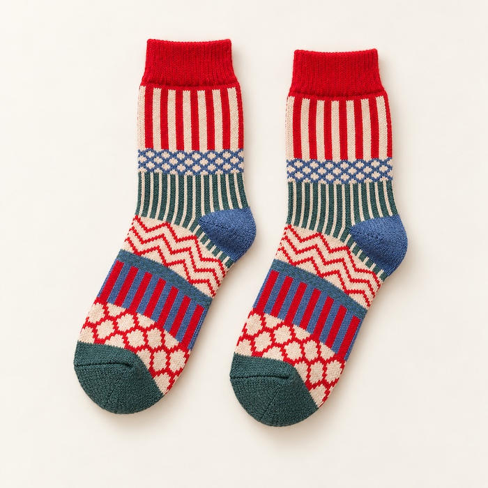 Chaussettes colorées femme motifs graphiques, Rouge – La Chatoyante Lou Renard