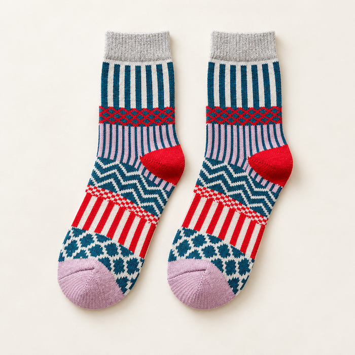 Chaussettes colorées femme motifs graphiques, Violet – La Chatoyante Lou Renard