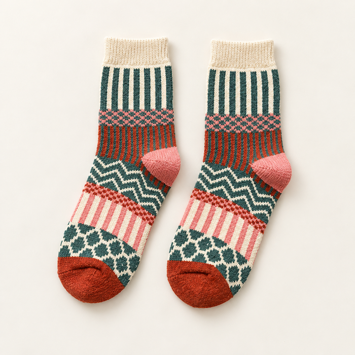 Chaussettes colorées femme motifs graphiques, Vert – La Chatoyante Lou Renard