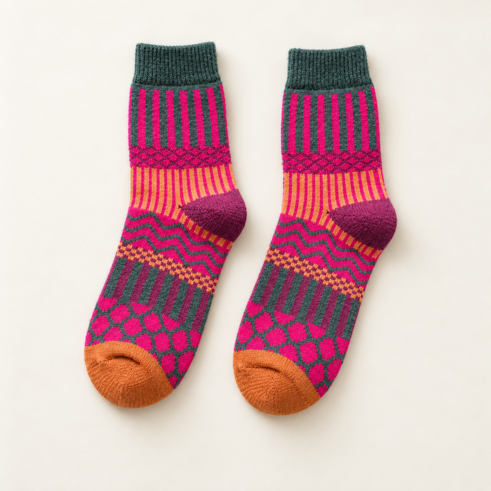 Chaussettes colorées femme motifs graphiques, Fuchsia – La Chatoyante Lou Renard