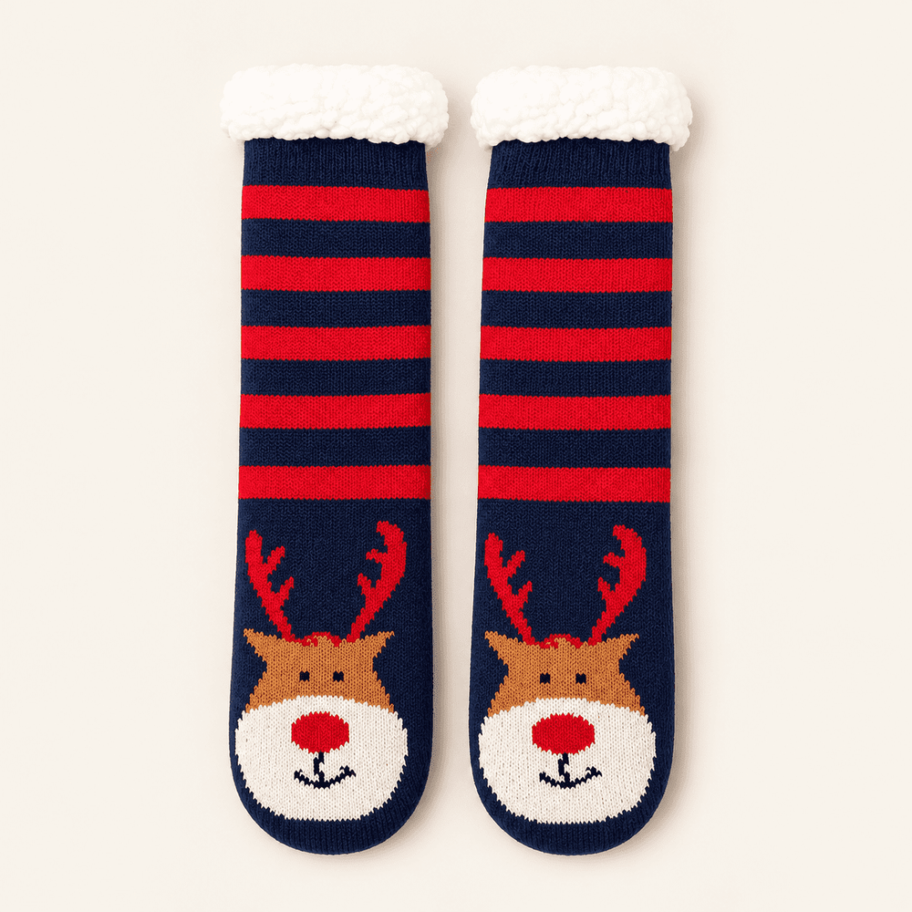 Chaussettes de Noël épaisses antidérapantes femme, Renne rayé bleu rouge – La Comfy Lou Renard