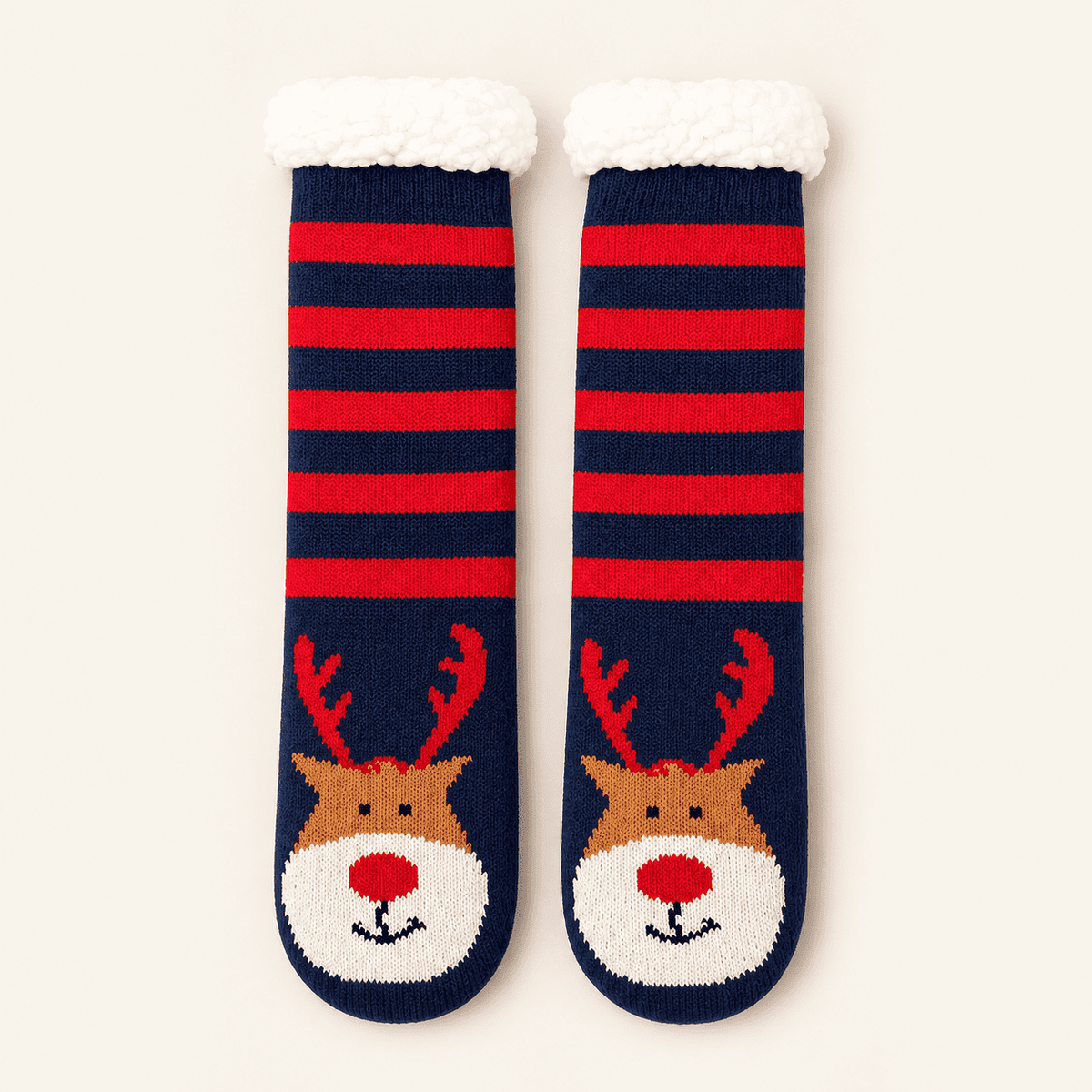 Chaussettes de Noël épaisses antidérapantes femme, Renne rayé bleu rouge – La Comfy Lou Renard