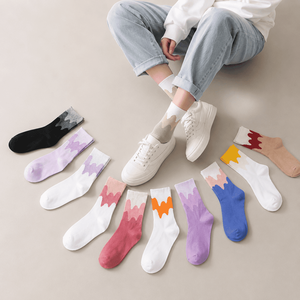 Chaussettes fantaisie femme à motifs vagues, pack 11 paires – La Joyeuse Lou Renard