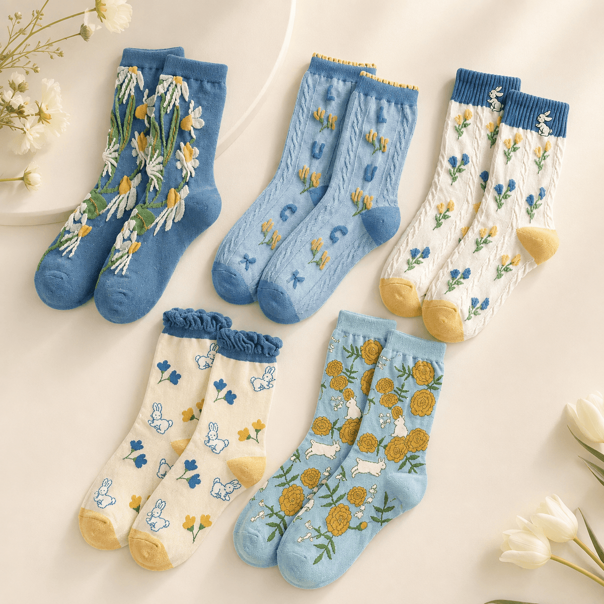 Chaussettes fantaisie femme fleurs et lapins, pack 5 paires – La Merveilleuse Lou Renard