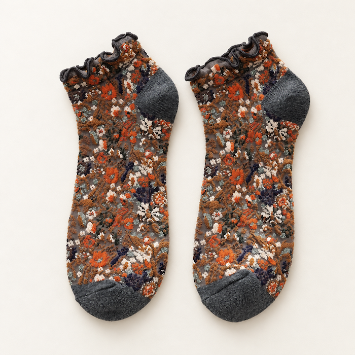 Chaussettes fleuries femme à froufrous, Gris foncé – La Mystérieuse Lou Renard