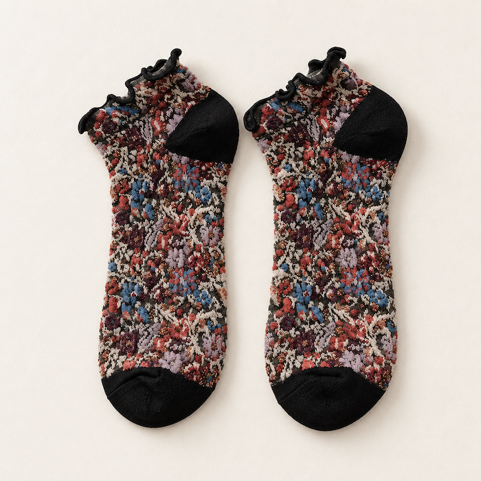 Chaussettes fleuries femme à froufrous, Noir – La Mystérieuse Lou Renard