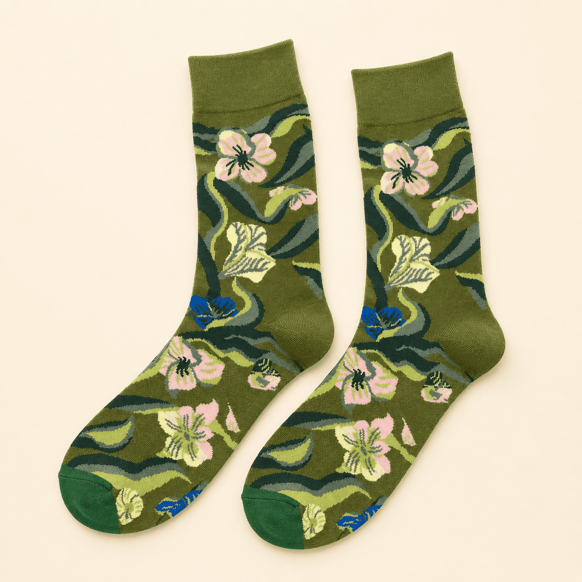 Chaussettes fantaisie femme à fleurs, Fleurs vertes – La Précieuse Lou Renard