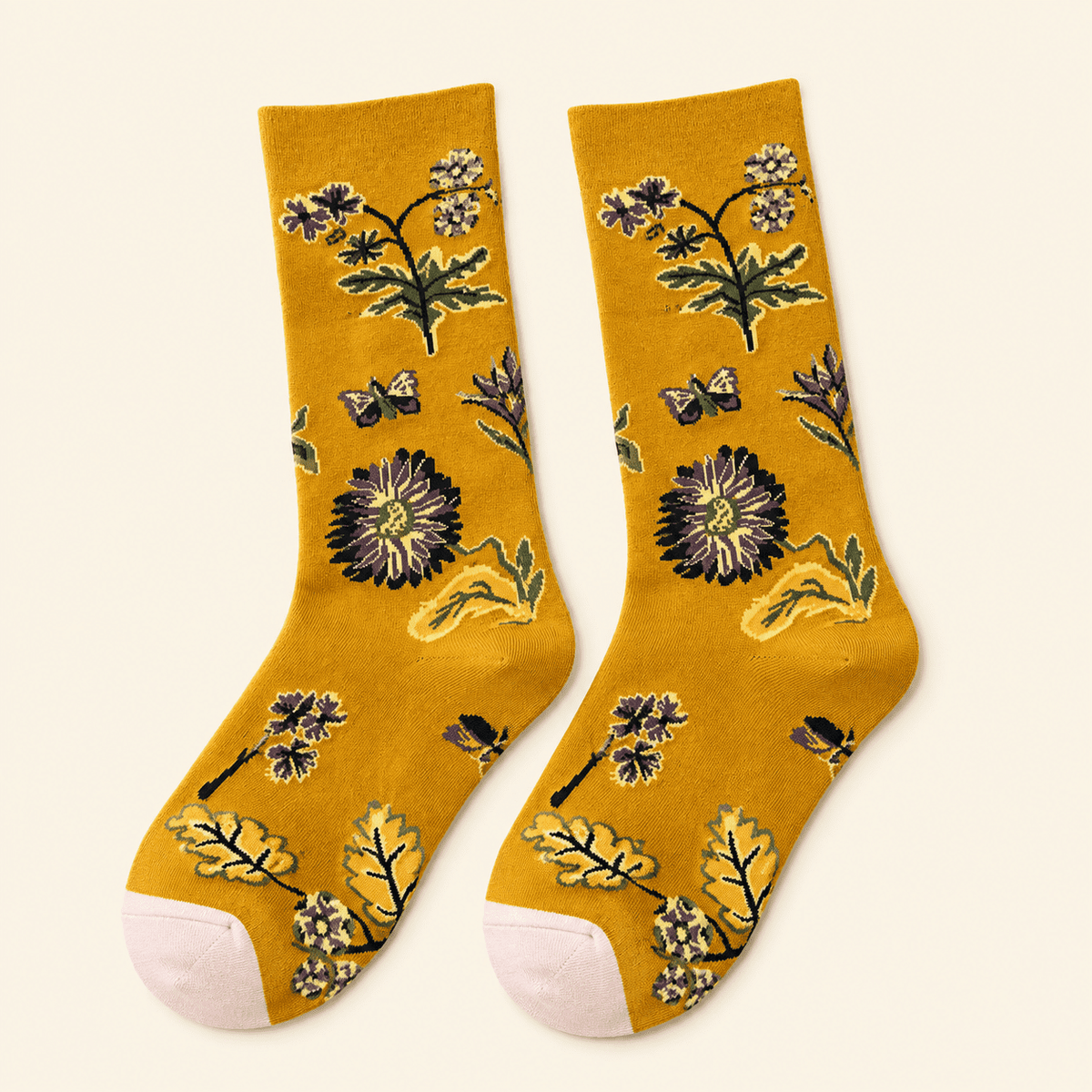 Chaussettes fantaisie femme à fleurs, Fleurs jaunes – La Précieuse Lou Renard