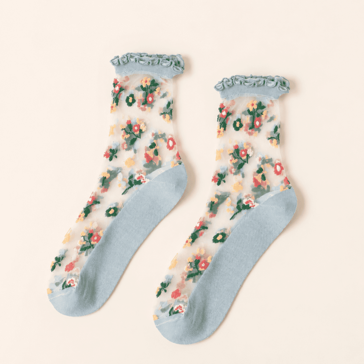 Chaussettes transparentes femme à fleurs, Bleu clair – La Rayonnante Lou Renard