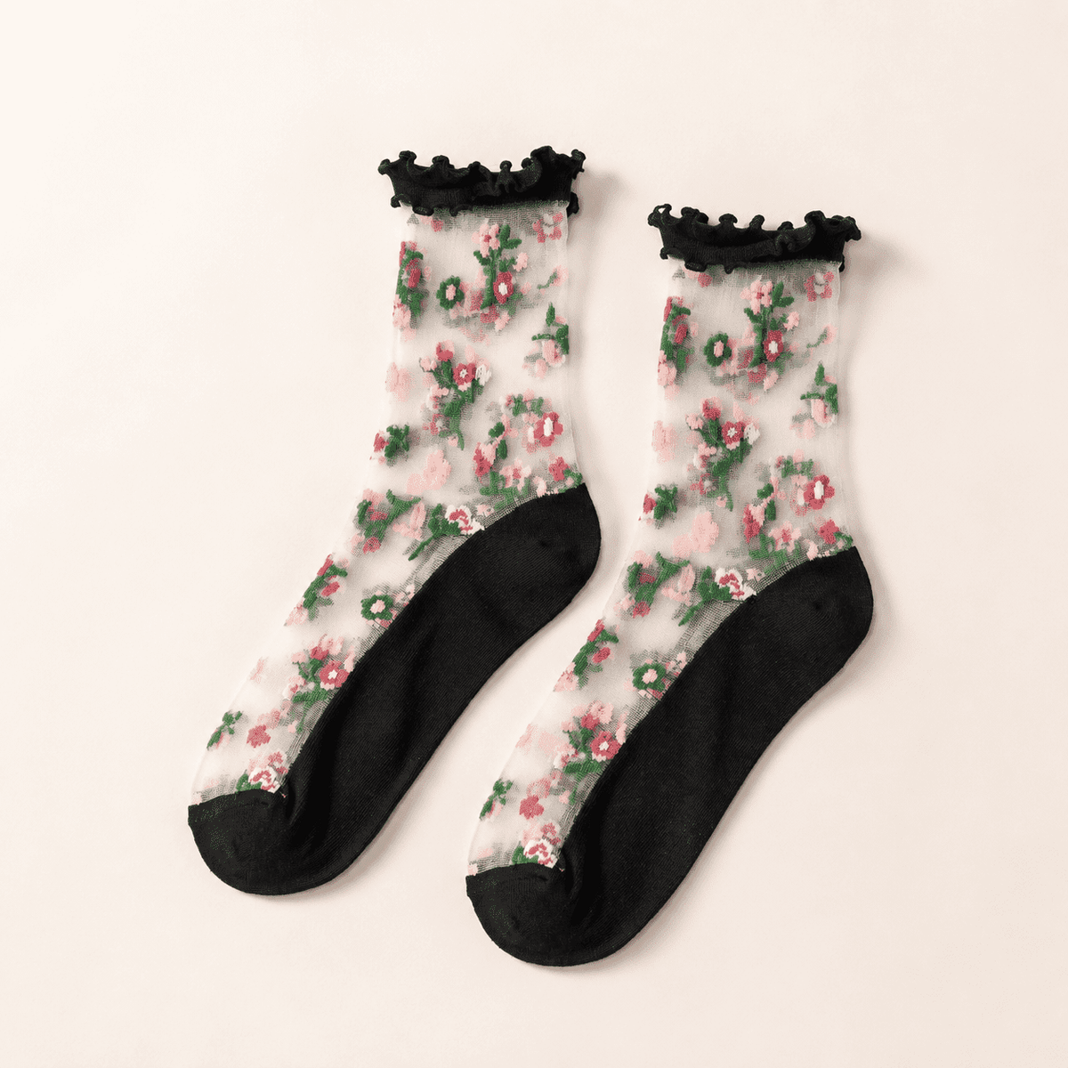 Chaussettes transparentes femme à fleurs, Noir – La Rayonnante Lou Renard