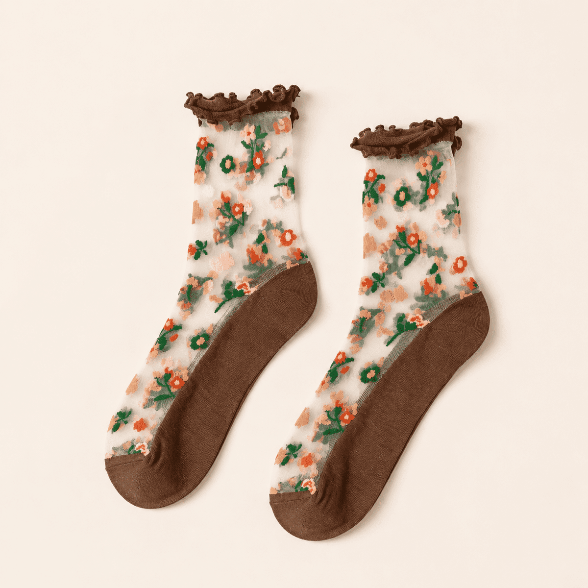 Chaussettes transparentes femme à fleurs, Café – La Rayonnante Lou Renard