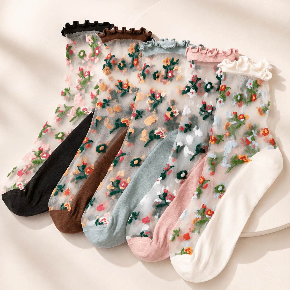 Chaussettes transparentes femme à fleurs, pack 5 paires – La Rayonnante Lou Renard