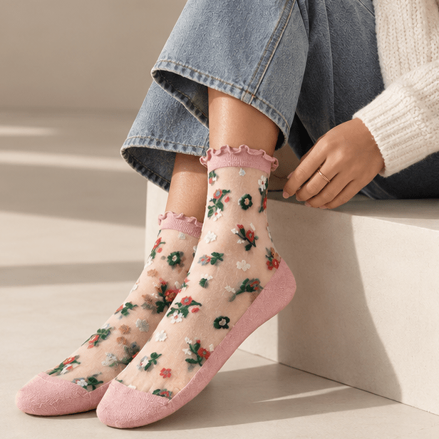 Chaussettes transparentes femme à fleurs, Rose – La Rayonnante Lou Renard