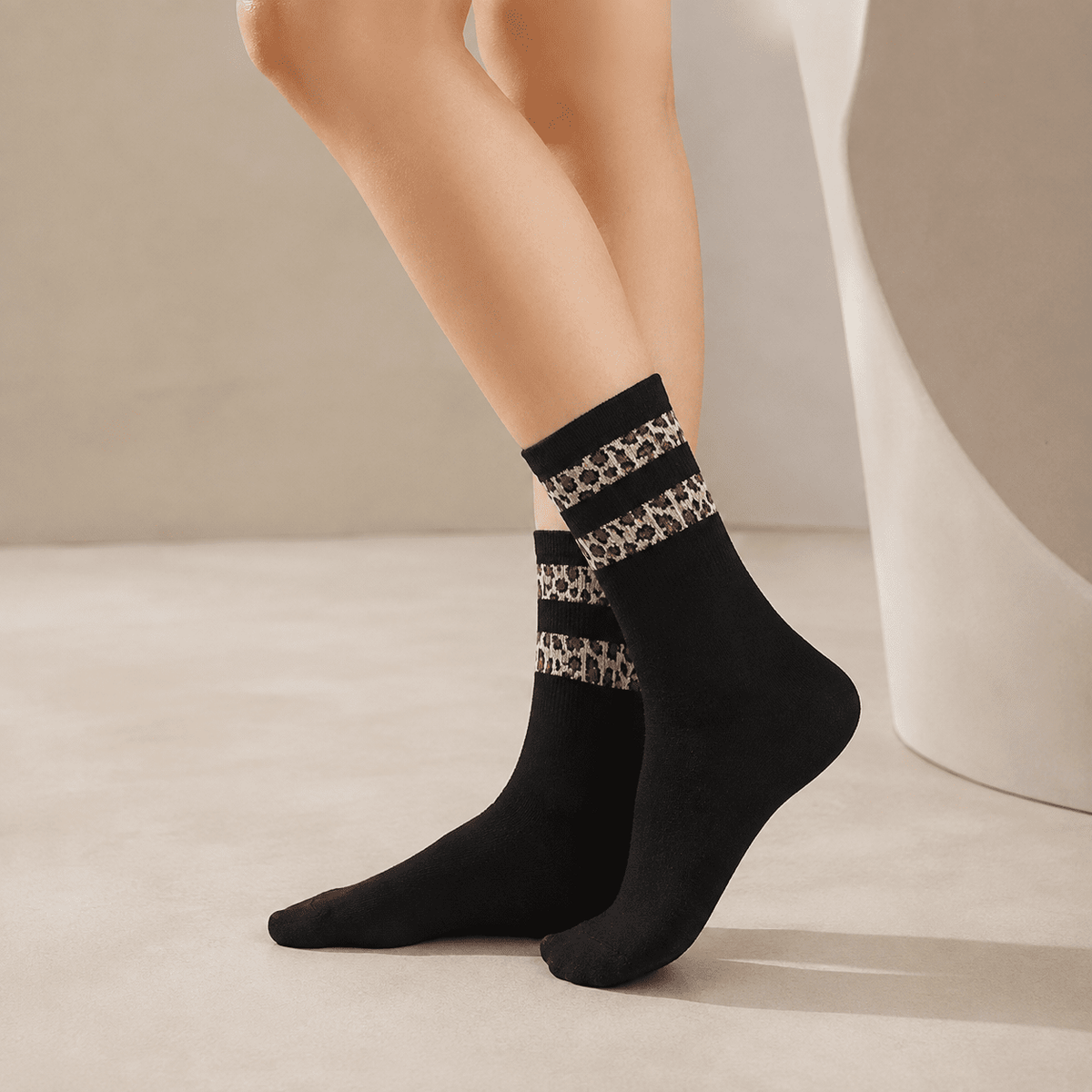 Chaussettes sport femme léopard, Deux bandes noir – La Sportive Léopard Lou Renard