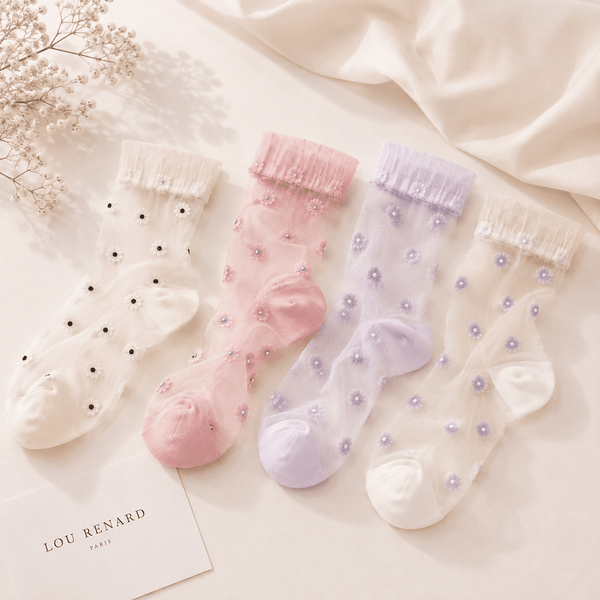 Chaussettes transparentes femme à fleurs, pack 4 paires – L'Insouciante Lou Renard