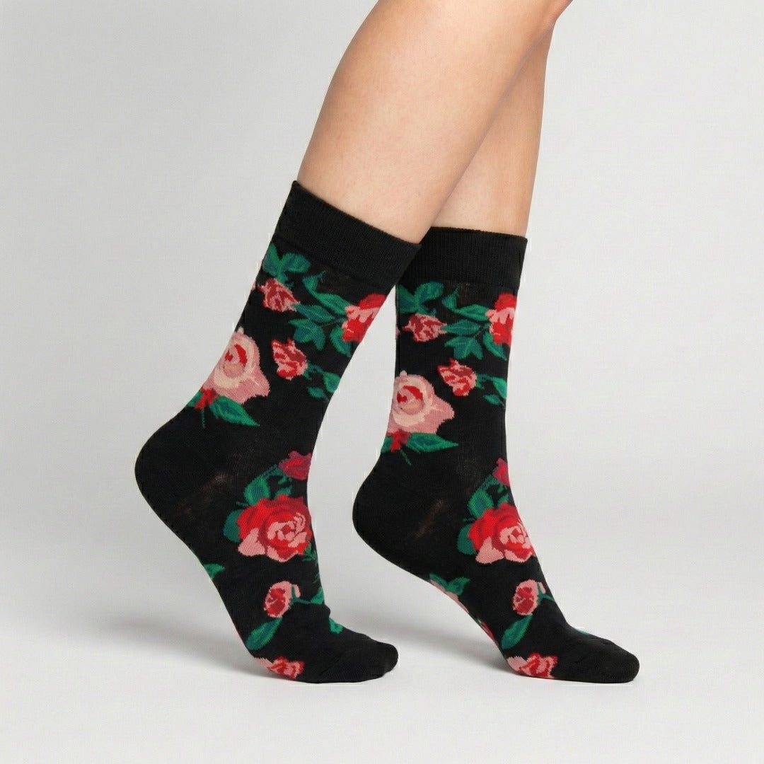 Chaussettes fantaisie femme à fleurs, Noir – La Radieuse Lou Renard