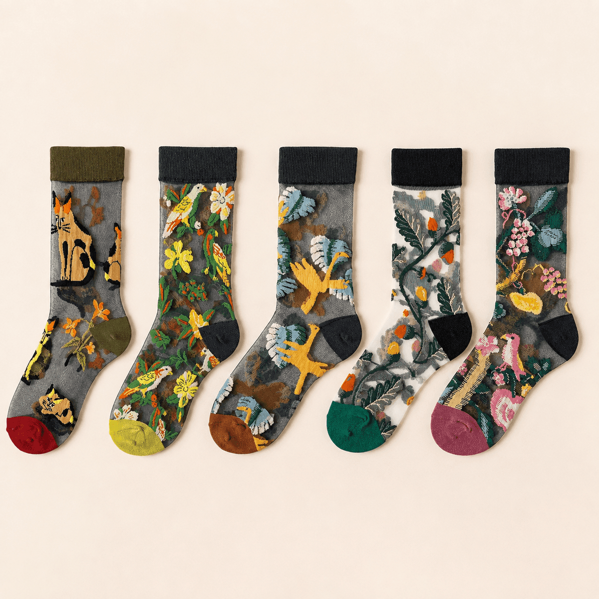 Chaussettes transparentes femme brodées animaux, pack 4 paires – La Vagabonde Transparente Lou Renard