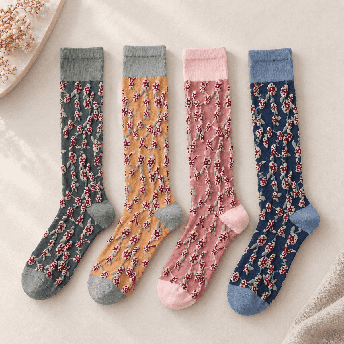 Chaussettes hautes femme à fleurs, pack 4 paires – La Vigoureuse Lou Renard